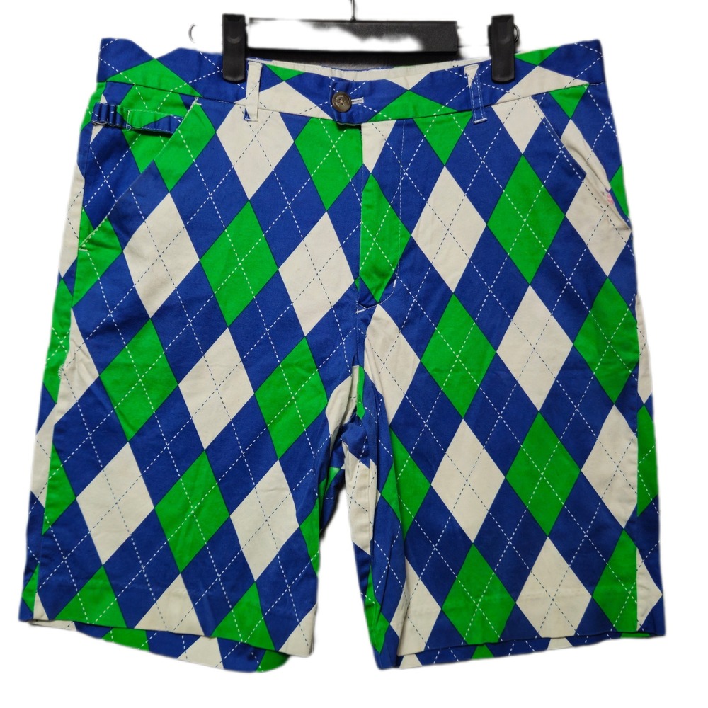 Royal & Awesome Golf Shorts Men's Fits 36 Blue Green Argyle Loud Performance
